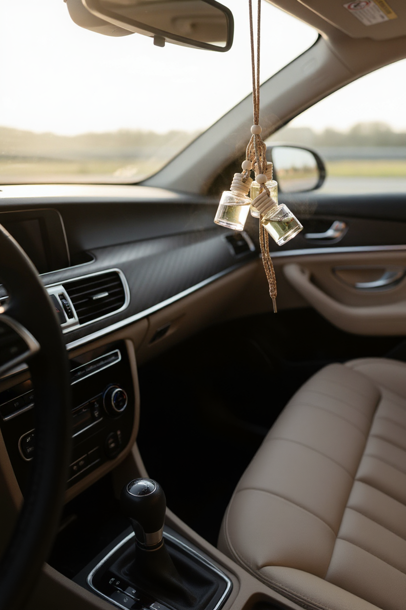 Car diffusers hanging in rearview mirror