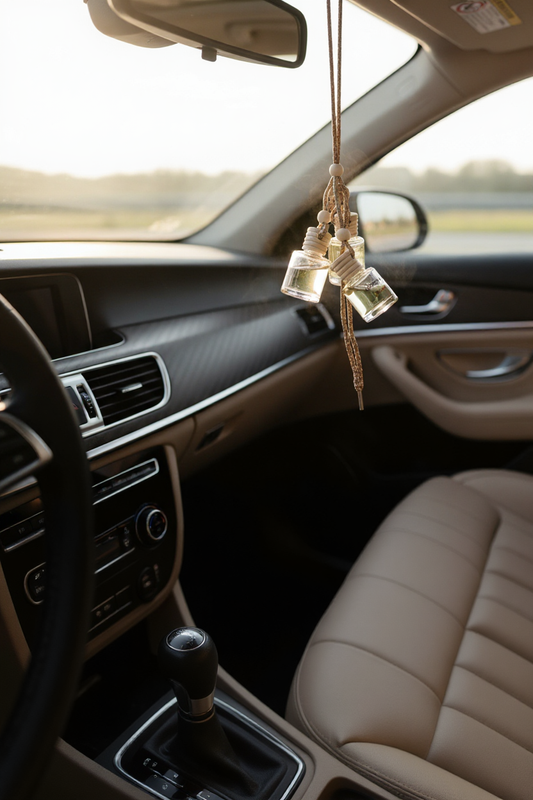 Car diffusers hanging in rearview mirror