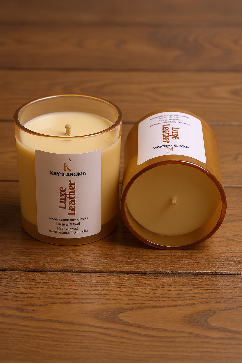 Luxe Leather handmade coco-soy scented candle 220g with cotton wick