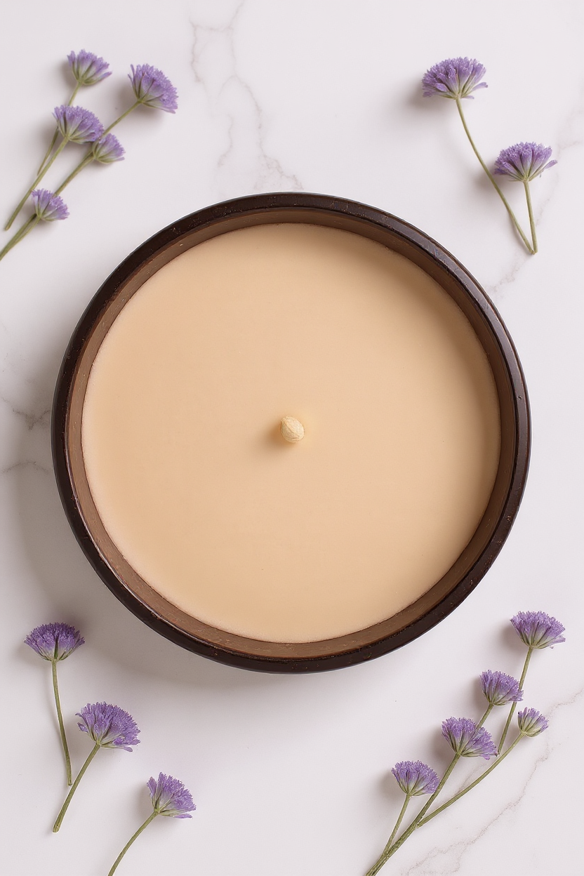 Lavender Serene candle showing lavender and ylang ylang fragrance notes