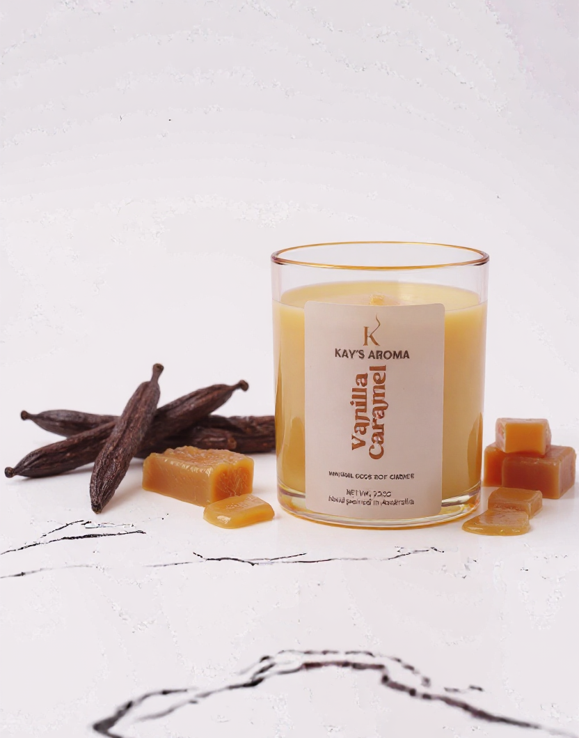 Vanilla Caramel candle showing vanilla and caramel fragrance notes
